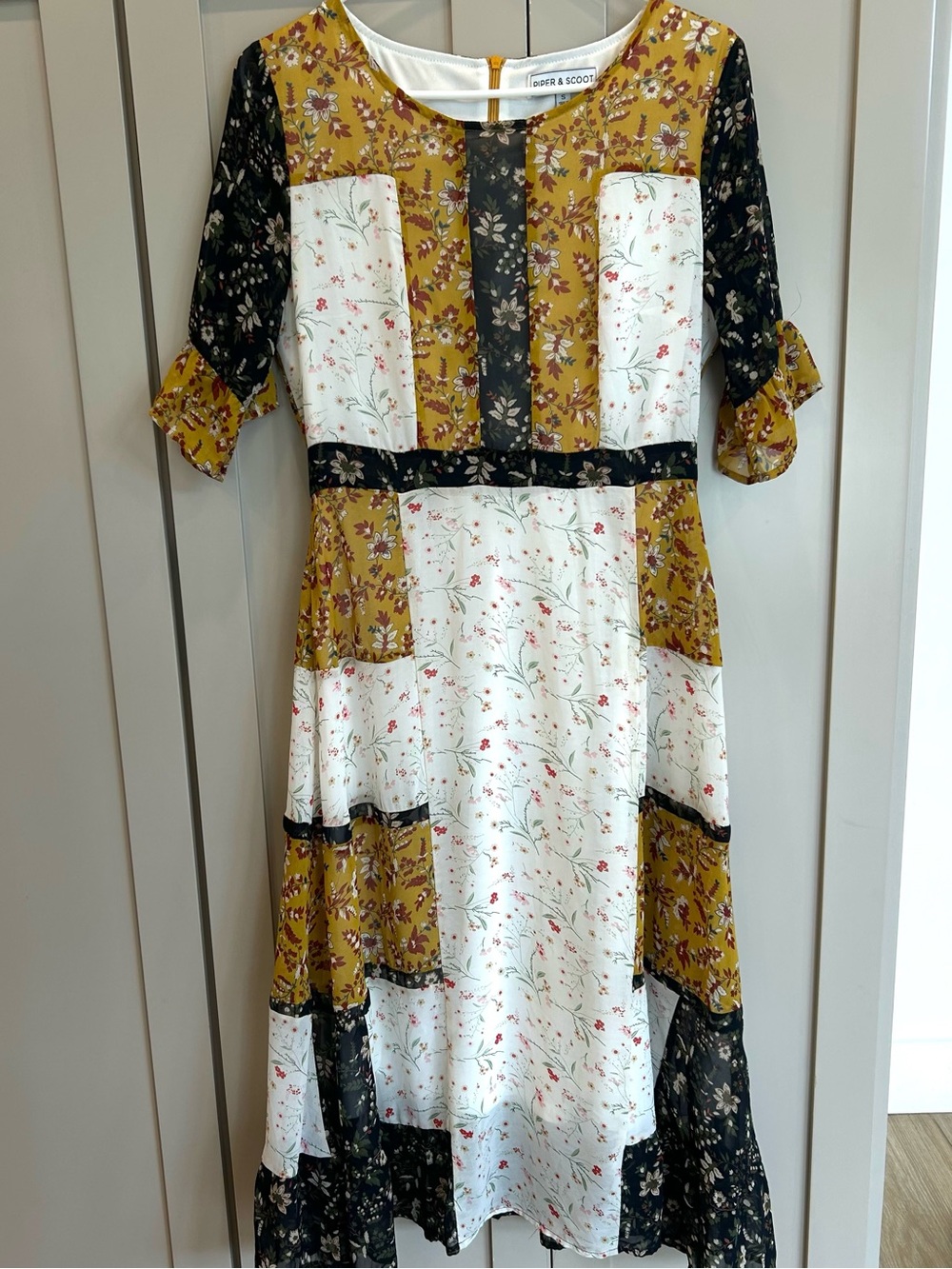 Mixed Floral Patchwork Midi Dress in Mustard, White & Black